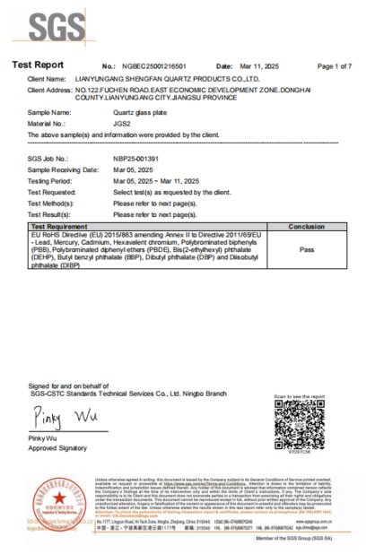 La CINA Lianyungang Shengfan Quartz Product Co., Ltd Certificazioni