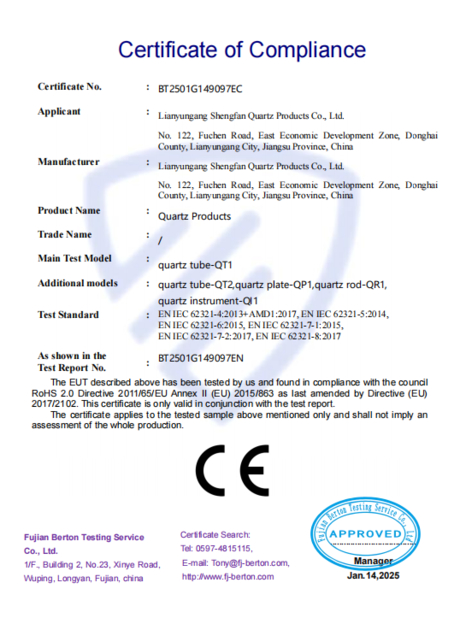 La CINA Lianyungang Shengfan Quartz Product Co., Ltd Certificazioni